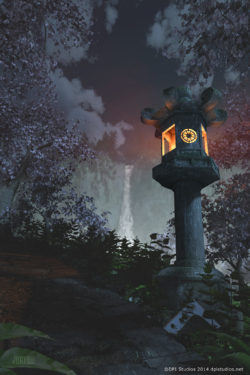 3D render of a Japanese lantern at dusk.