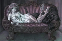A Steampunk woman reclining on a couch with her mechanical dog.