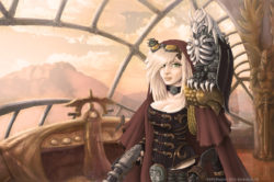 A Steampunk girl and her mechanical bird on an airship.