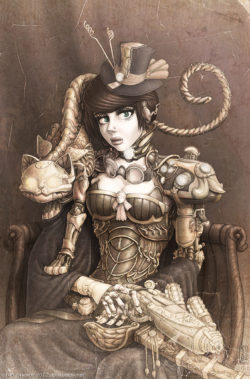 Classic portrait of a Steampunk lady and her mechanical cat
