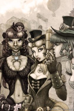 Three Victorian steampunk girls.