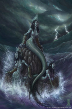 Sirens (not mermaids) in a storm at sea.