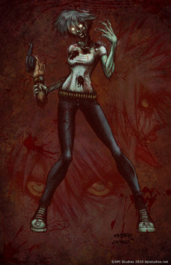 A zombie girl holding a severed arm