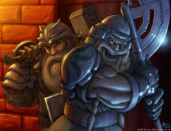 An illustration of two maniacal dwarven warriors.