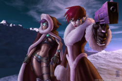 Amigos, two cyberpunk ladies in a winter landscape.