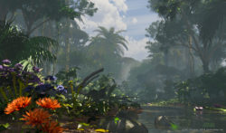 A 3D jungle landscape with a Hunter cloaked in the background.